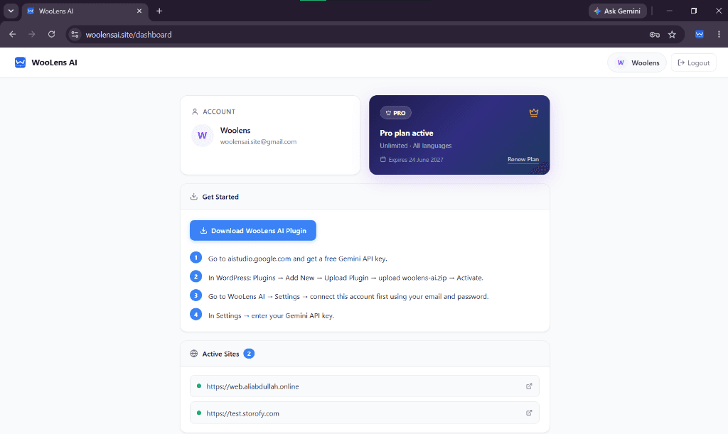 WooLens AI Dashboard Mockup